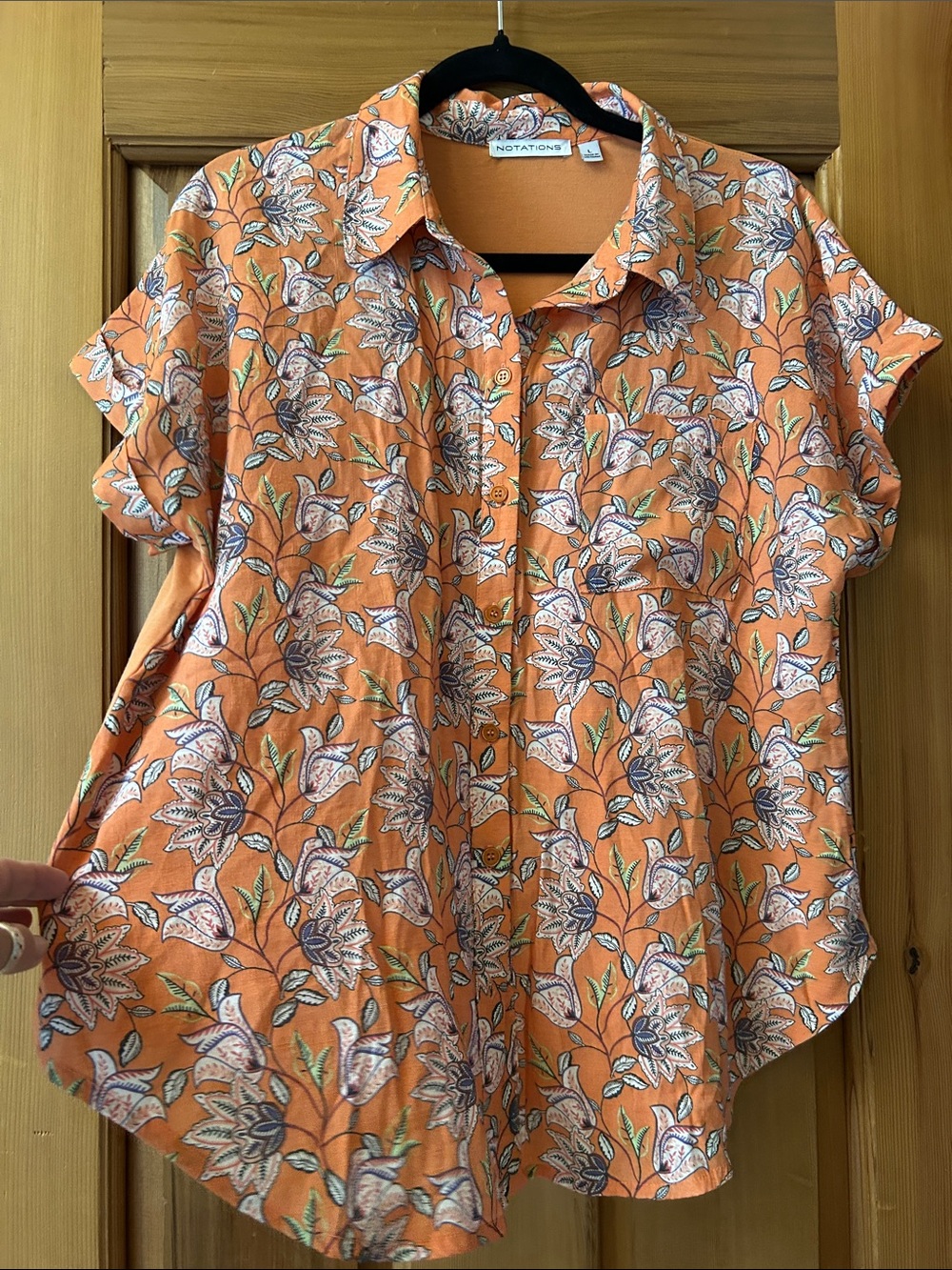 Notations Orange Floral Button-Front Short Sleeve Shirt
